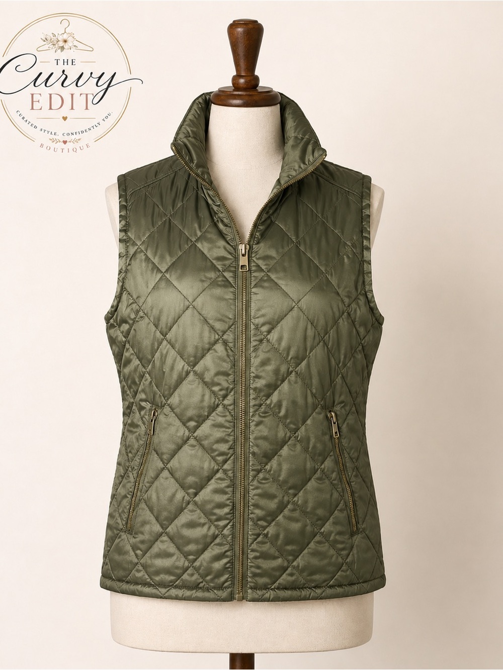 Easel Olive Green Quilted Zip Front Vest Size Large Fall Layering Cozy Elevated